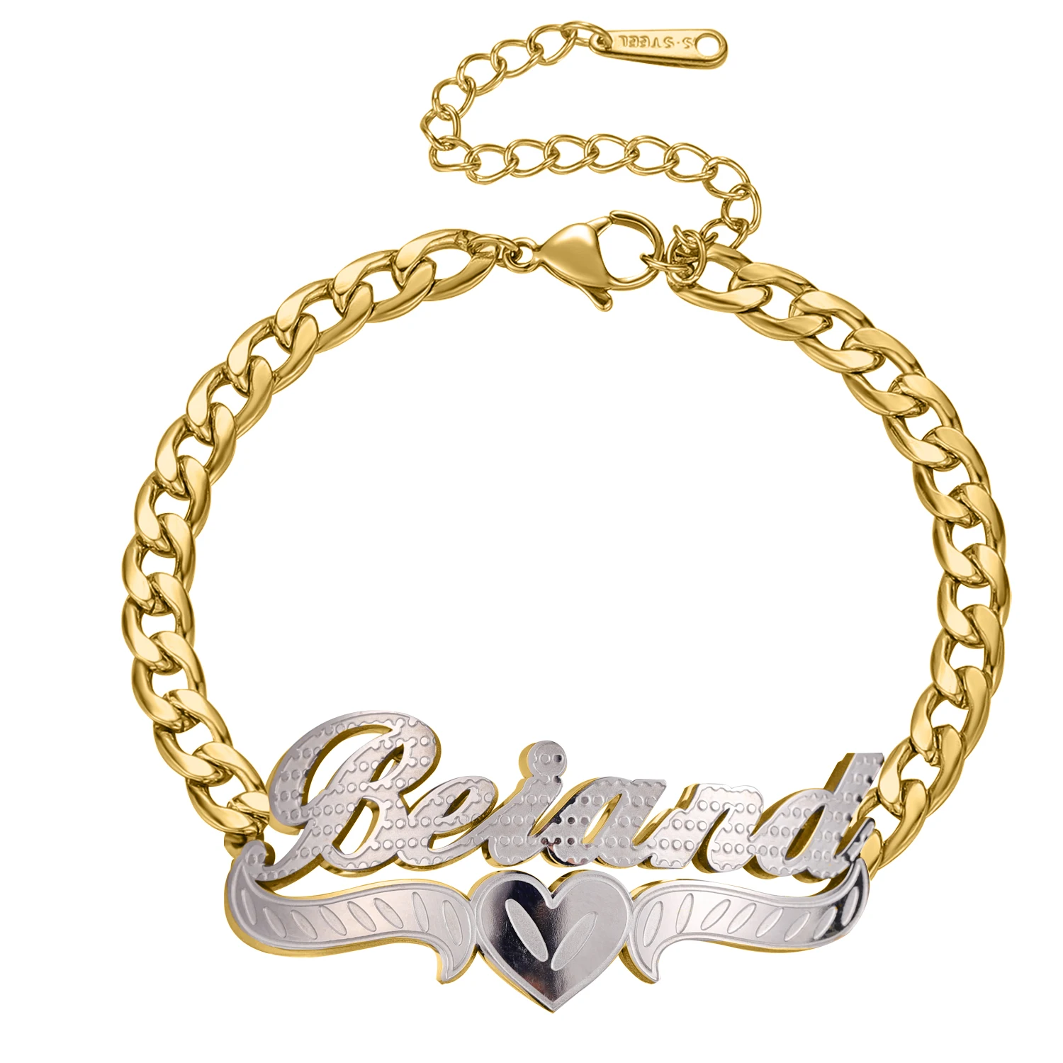 Neue personalisierte Armbänder mit Namen, doppellagig, zweifarbig, Herz-Kubaner-Kette, personalisiertes, vergoldetes Namensarmband für Frauen – Detail 1