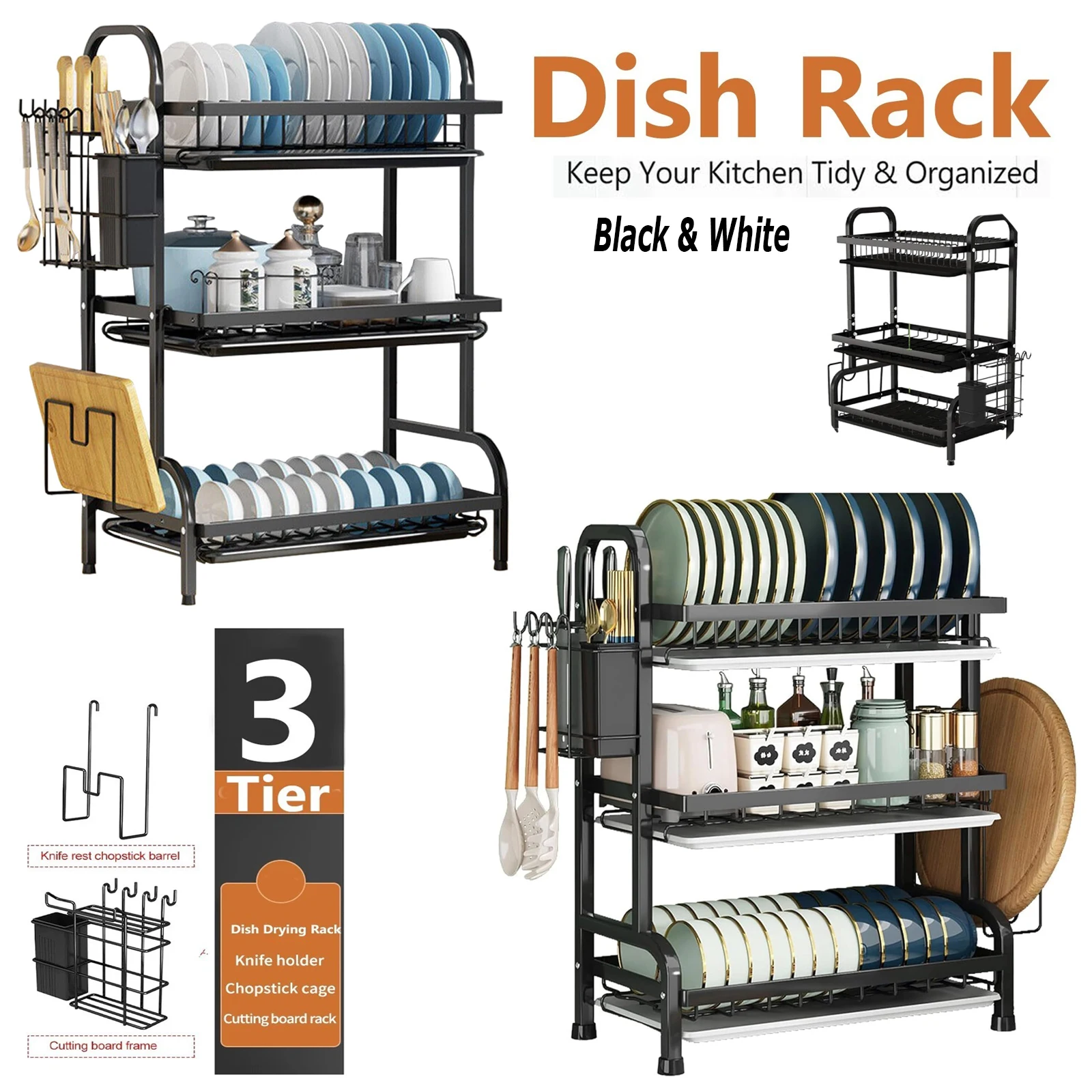 3 Tier Dish Drying Rack Drain Board Set Tableware Drainer Kitchen Countertop Storage Rack Cup Holder Knife and Fork Holder Uk