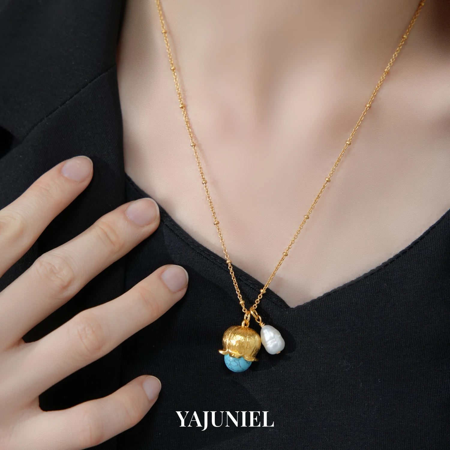 

YAJUNIEL Natural Pearl & Blue-Veined Stone Pendant Necklace for Women 24K Real Gold Plated Hypoallergenic Adjustable Chain