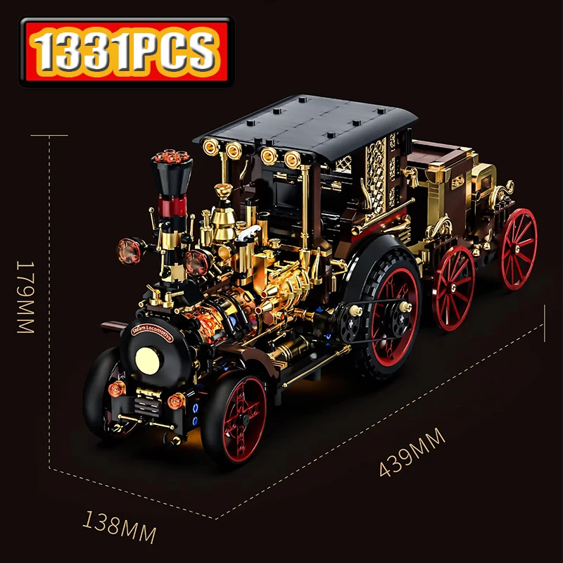 Retro Mechanical Steam Car Building Blocks Set with LED Lights MOC Vintage Home Decor Bricks Toy for Festival Gift