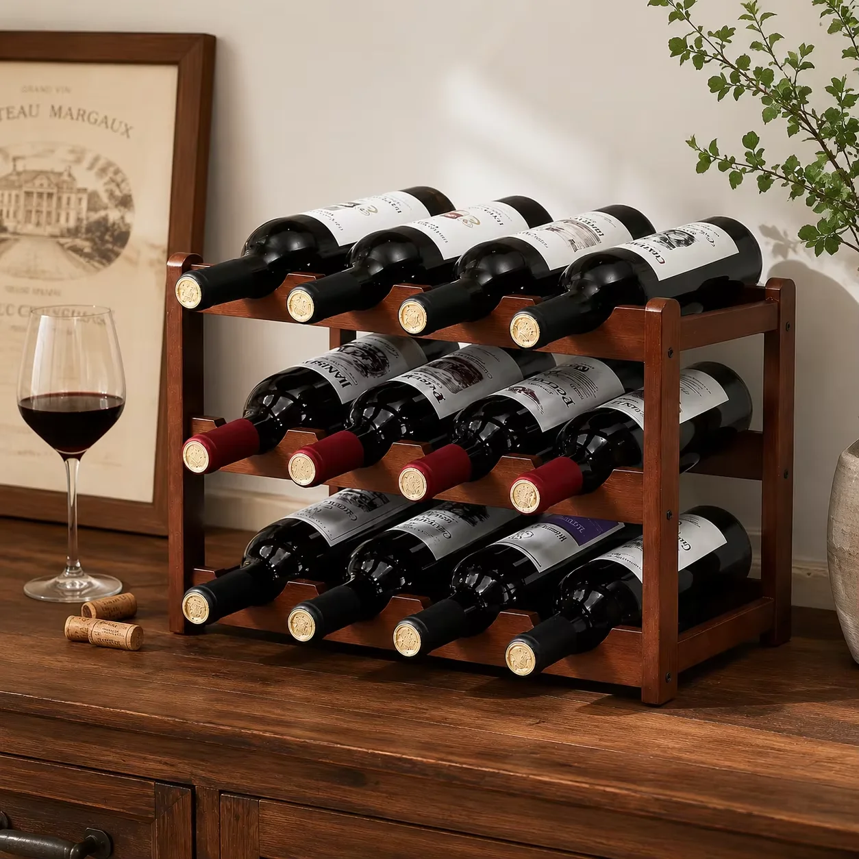 Présentoir à vin en bambou à 3 niveaux pour 12 bouteilles, avec étagères ondulées, stable et antidérapant, peu encombrant, présentoir autoportant pour table avec pieds antidérapants, idéal pour la cuisine, le bar, la salle à manger, le salon, le buffet, la cave à vin.