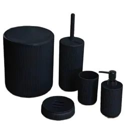 Bathroom Accessory Set Acrylic Black 5 Pcs Toothbrush Holder Liquid And Solid Soap Dispenser Trash Can Toilet Brush For Home