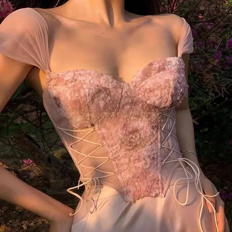 Gorset damski Top Y2K Odzież Lolita Ruffles Flower Lace Tank Top Summer French Tube Tops Cute Clothes Pink Crop Tops — zdjęcie 2