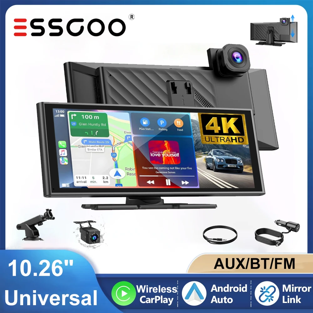 ESSGOO 10.26" 4K CarPlay Portatile Telecamera Anteriore e Telecamera Posteriore Stereo Auto Universale Wireless Android Auto Registratore Video Cruscotto Doppio Obiettivo Mirror Link WiFi BT AUX FM US