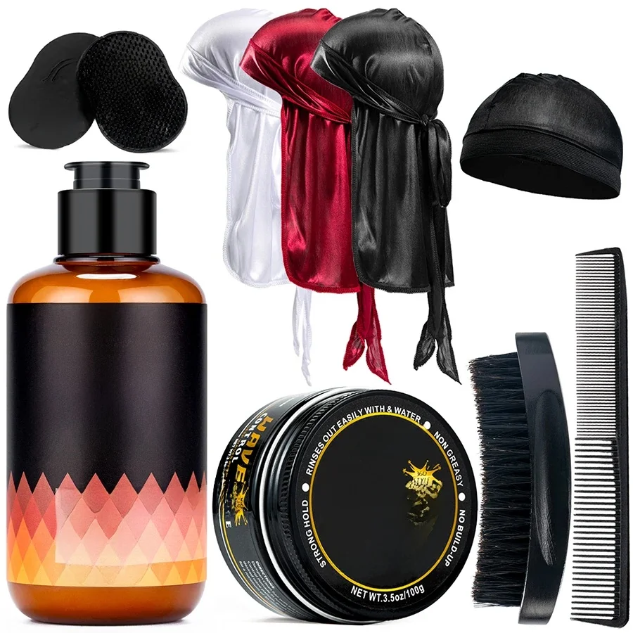 Wave Shampoo for Black Men Wave Cream Hydration Enhance Waves Grease Hair Butter Easy Wash 360 Wave Training Wave Pomade Set — zdjęcie 2