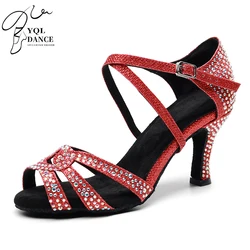 Woman Glitter Cloth Latin Ballroom Dance Shoes Red Suede Leather Performace Latino Salsa Shoes Flare Heel 3 Inch Heel