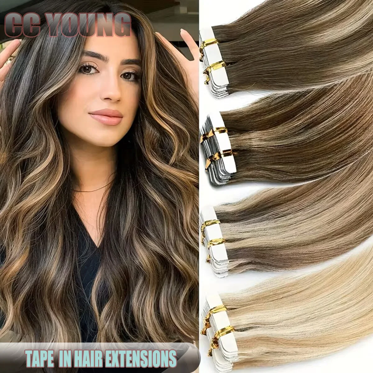 Ekstensi Rambut Tape in Human Hair Highlight, Ekstensi Rambut Remy Silky Straight untuk Wanita untuk Menambah Volume, Panjang & Highlight Rambut