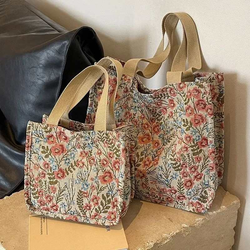 Torby typu tote damskie, kwiatowe, modne, eleganckie, płócienne torby na ramię, uniwersalne, przenośne, do pracy, dla studentek, luksusowe, codzienne torby Bolsos — zdjęcie 2