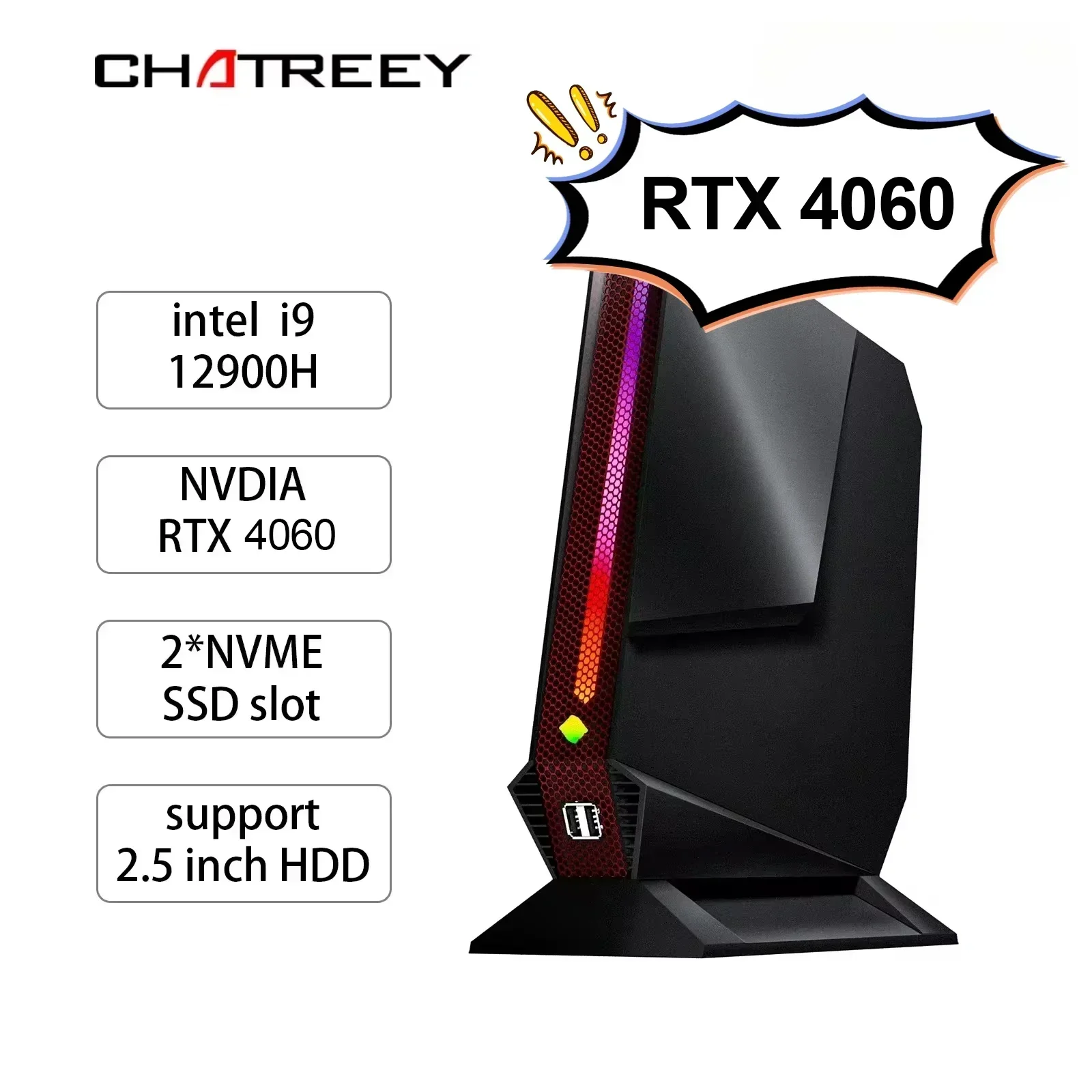 Chatreey G2 Mini PC Intel Core i9 12900H con computer desktop da gioco Nvidia RTX 4060 PCIE 4.0 Wifi 6 BT5.0 Windows 11