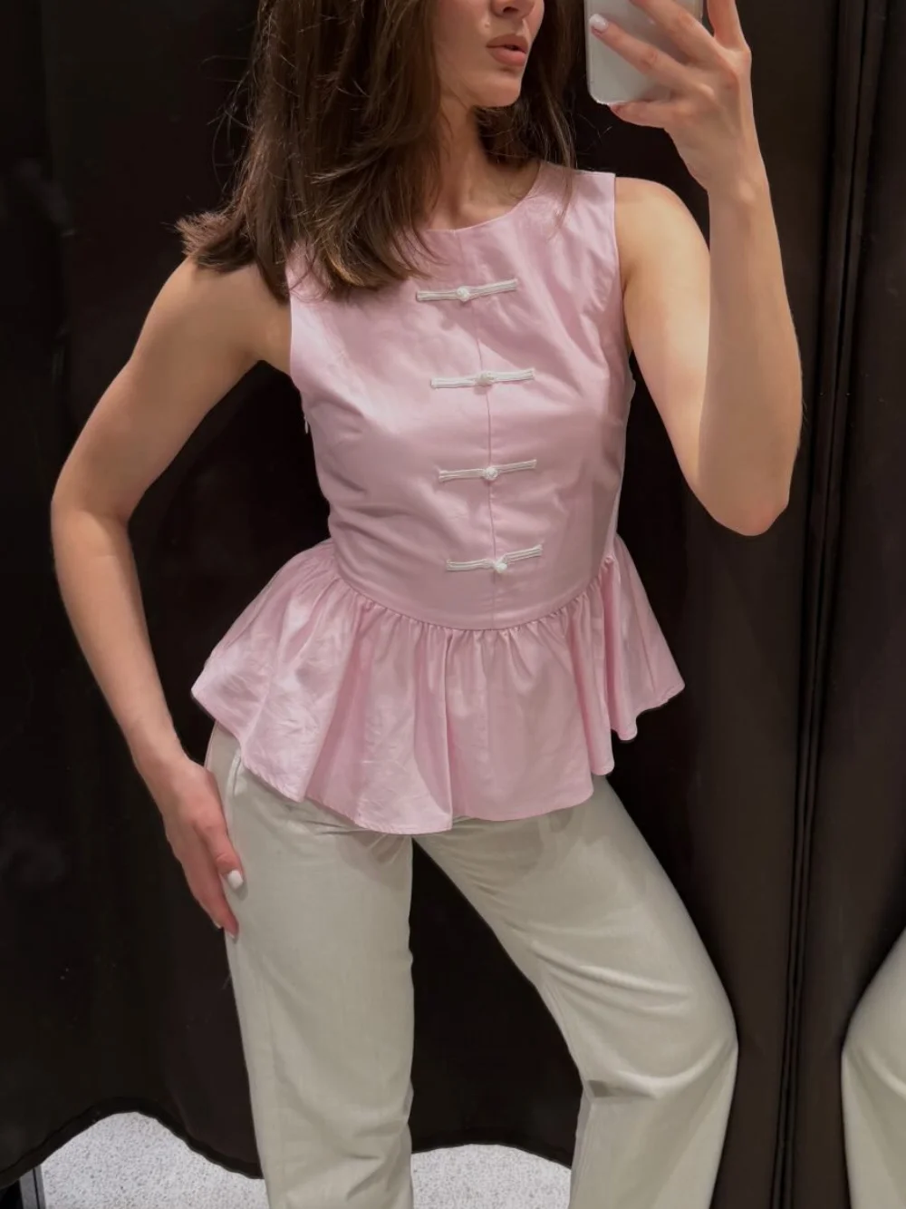 Sweet Pink Sleeveless Blouse Female Summer Round Neck Frog Closure Crop Tops Vintage Slim Fit Ruffle Hem Tank Top Camisas