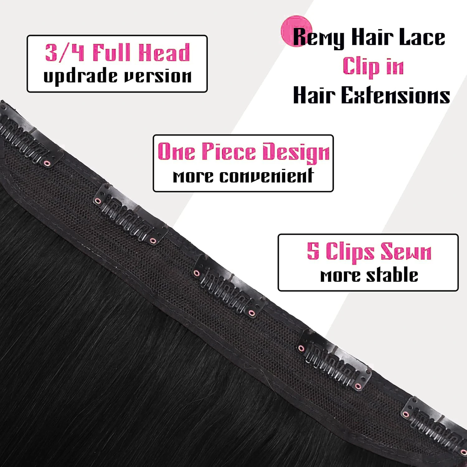 قطعة واحدة وصلات شعر بمشبك في الشعر البشري 5 مقاطع 3/4 مشبك للرأس بالكامل على وصلة شعر ريمي للنساء مشبك شعر أسود طبيعي