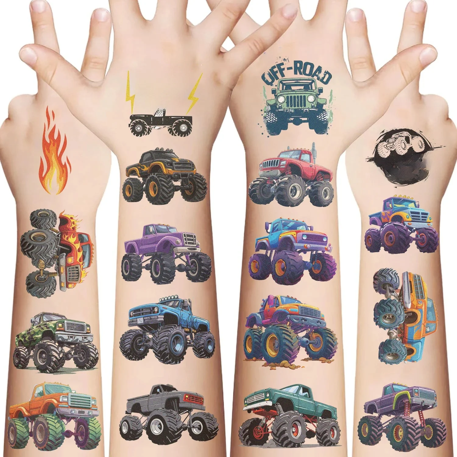 Autocollants temporaires motif Monster Trucks pour garçon, 10 feuilles, tatouages, maquillage, dessins