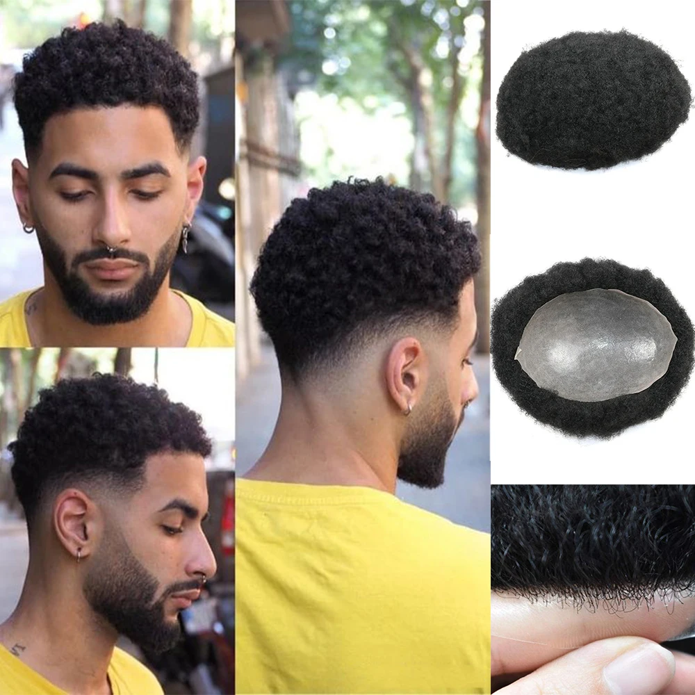 Afro Curly Men Toupee Full Poly African American PU Hair Wigs 100% Human Hair Replacement Hairpieces Men Toupee Free Shipping