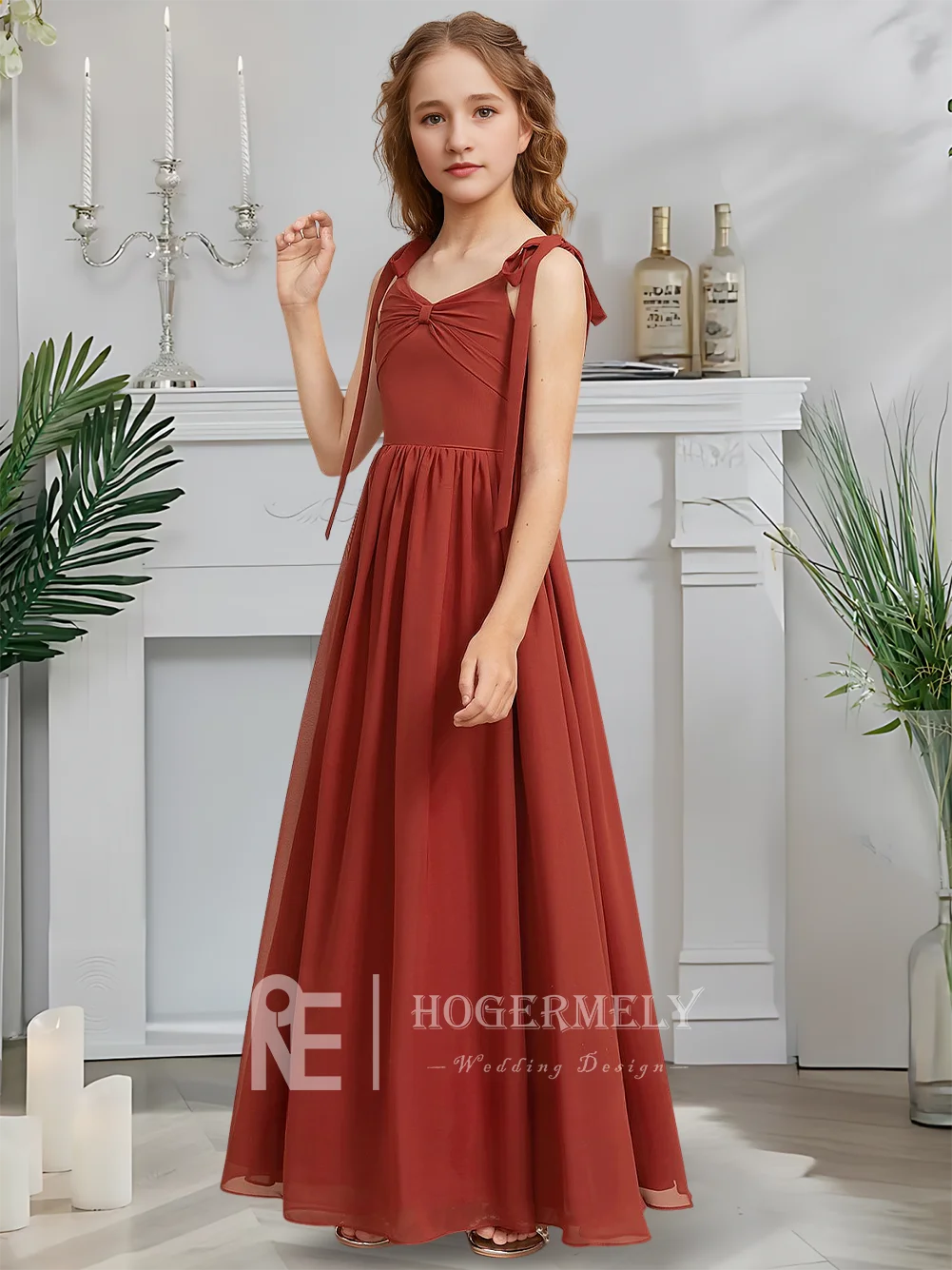 

A Designer A-Line Junior Bridesmaid Dress Saffron Bloom Flower Girl Dress V-Neck Floor-Length Chiffon Garden Gala Wedding Party