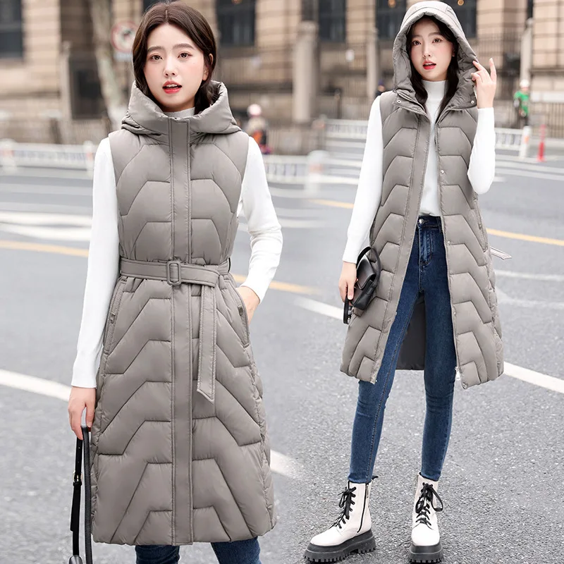 Women's Loose Fitting Outerwear 2023 New Autumn Winter Long Knee Down Cotton Vest Jacket Belt