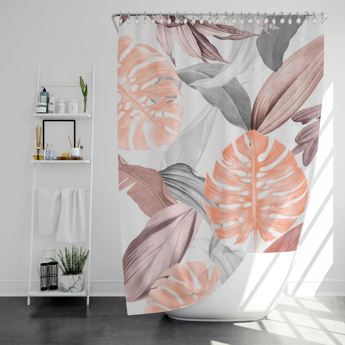 1 pc red banana leaf pattern polyester material shower curtain waterproof fabric, thickened anti mold partition curtain, bat