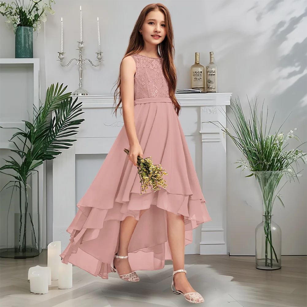 

Luxurious Scoop Junior Bridesmaid Dress Merlot Flower Girl Dress Asymmetrical Chiffon Lace With Cascading Ruffles Wedding Party