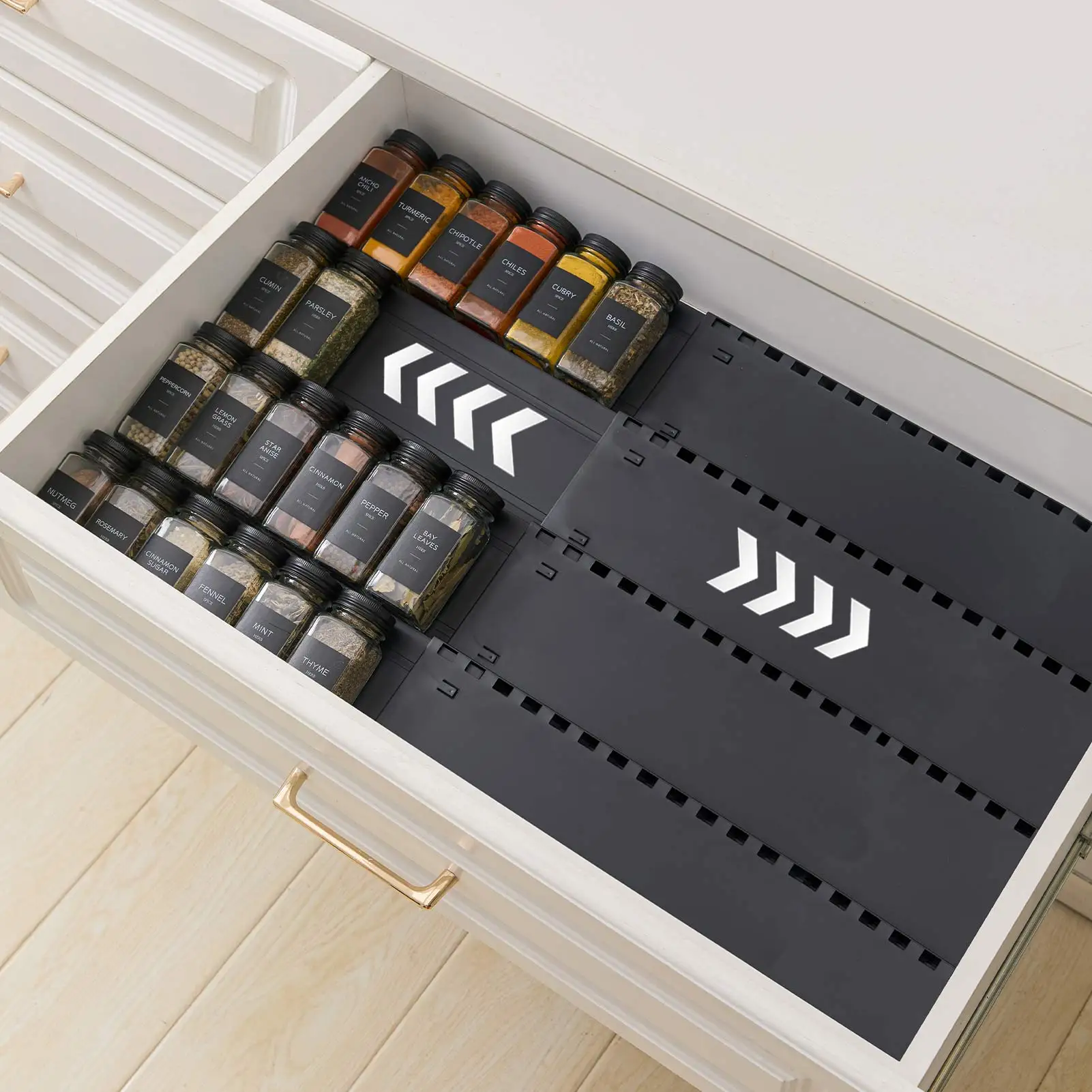 Gewürzregal-Schublade mit 4 Ebenen, Gewürz-Organizer-Schublade, Schubladen-Organizer-System von 33 cm bis 62 cm, Organizer für Küche, Arbeitsplatte