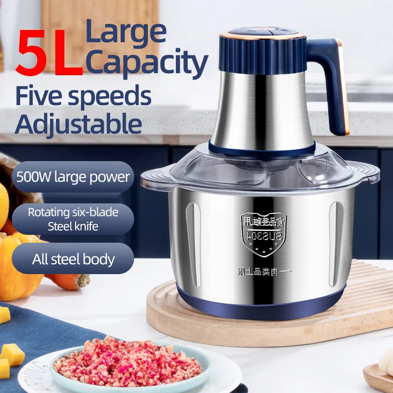 Hachoirs à viande électriques 5L, Broyeur alimentaire multifonctionnel en acier inoxydable, Trancheuse à légumes, Robot culinaire, Mixeur de cuisine