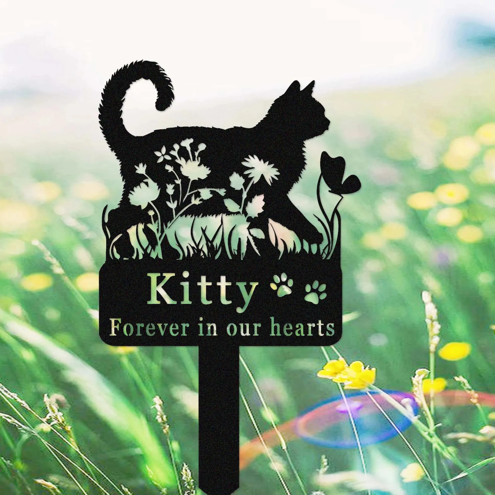 Custom Cat Memorial Stake,Cat Grave Marker,Metal Cat Garden Stake with Flowers,Personalized Cat Loss Gift,Cat Garden Decor