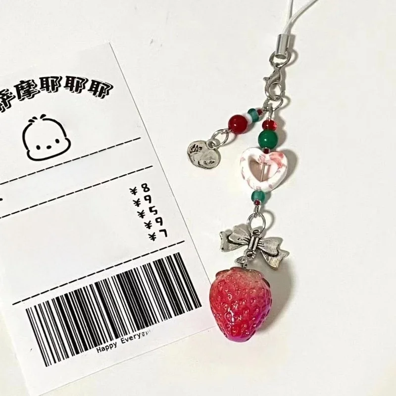 Y2K mignon 3D fraise téléphone portable sangle chaîne amour coeur pendentif porte-clés pour sac à dos charme délicat arc téléphone sangle porte-clés