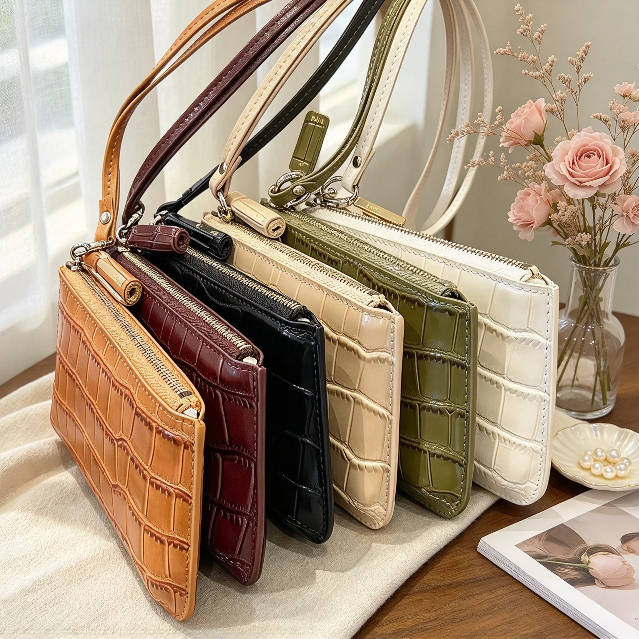 DIY Real Leather Crocodile Pattern Coin Purse Custom Name Elegant Luxury Woman Zip Card Wallet With Neck Strap Lady Coin Bag