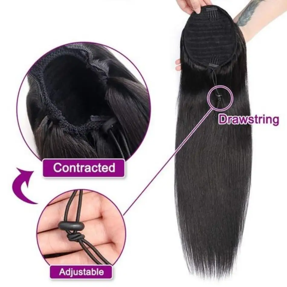 Coletas rectas de cabello humano Remy, Clips de extensión de cabello humano brasileño, envoltura alrededor, cordón, ropa para la cabeza, postizo Natural