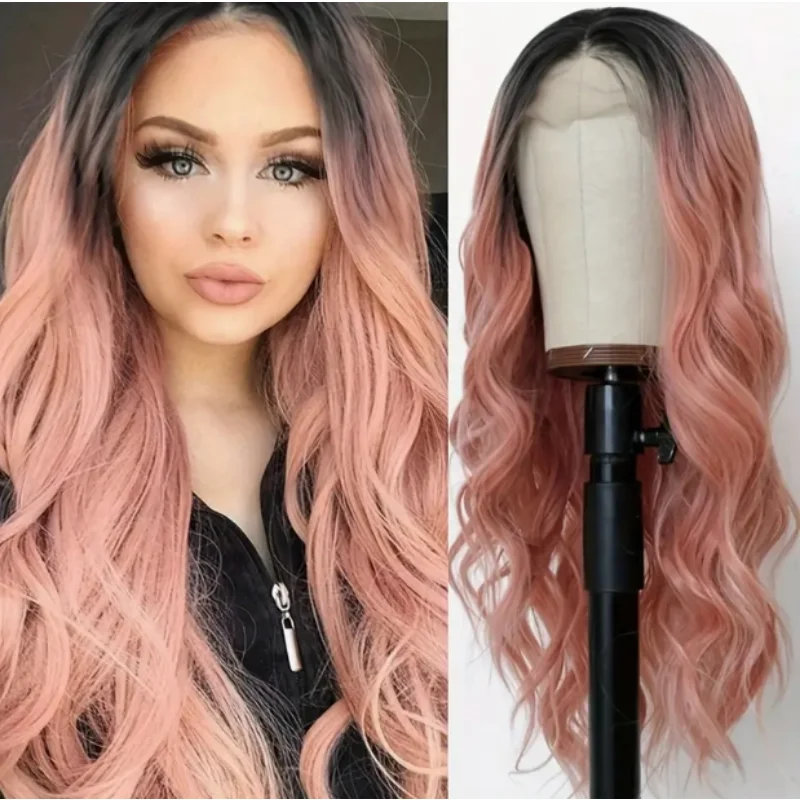   로즈 핑크 롱 웨이브 레이스 프론트 가발 - 풍성한 헤어 질감, 자연스러운 인모 가발, 접착제 없는 레이스 프론트 가발 코스프레 파티