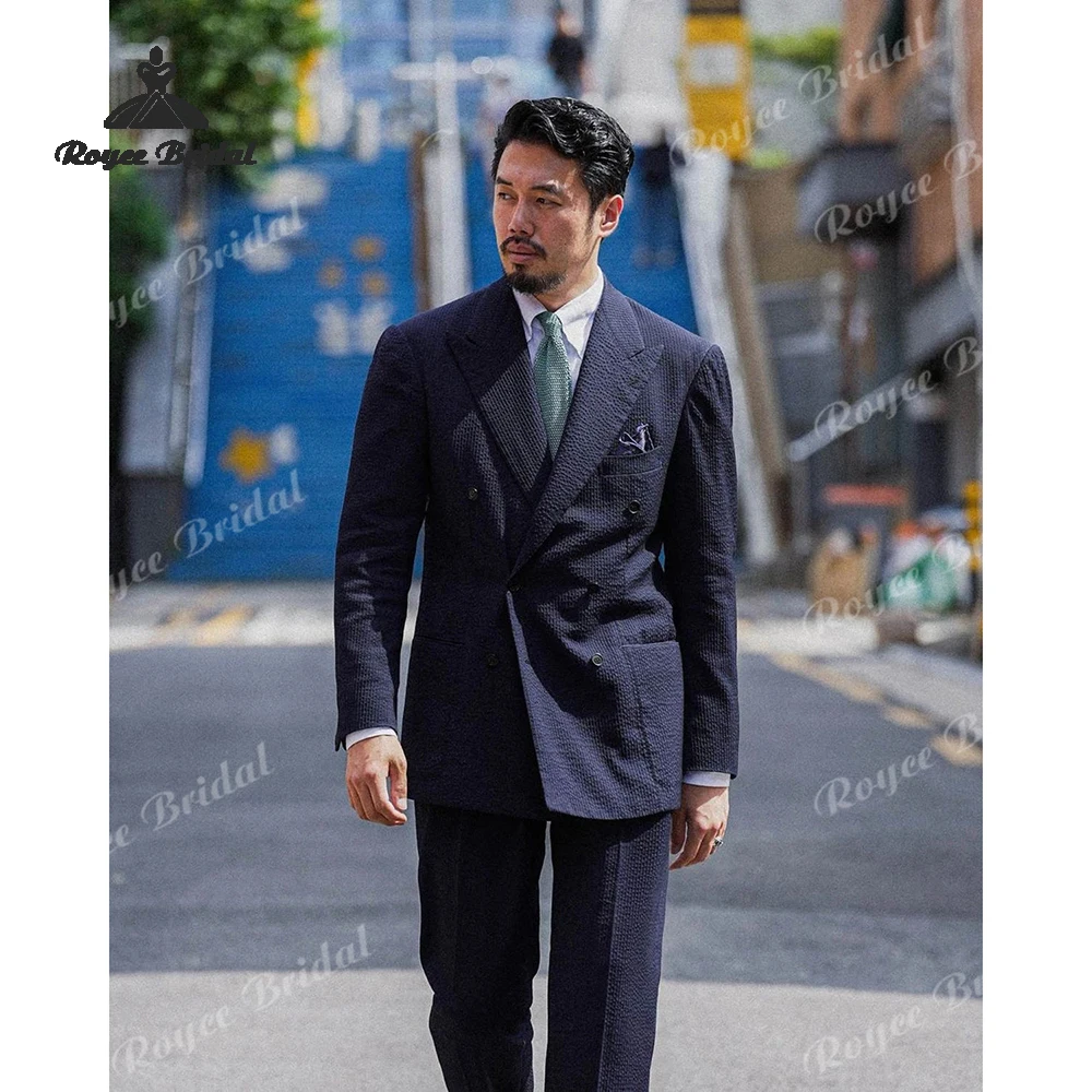 Seersucker Tweedelige Double Breasted Herenpak Bruiloft 2026 Piek Revers Strand Avondpak Aangepaste trajes para hombre