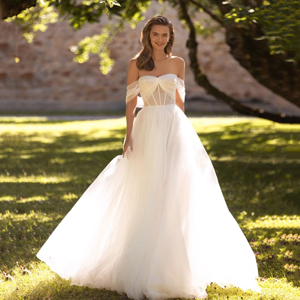 

Charming Sweetheart Wedding Dresses A-Line Court Train Wedding Gowns Off The Shouder Tulle Bridal Dress Vestidos Para