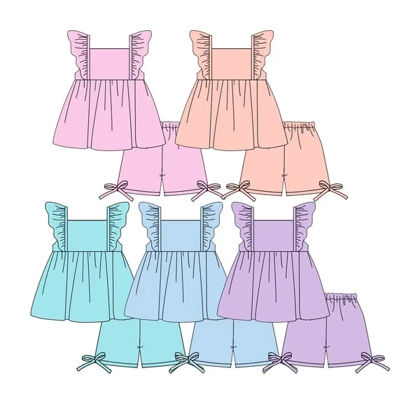Boutique Children's Outfit Set Ruffled Straps Dress Paired with Bow Decoration Shorts Solid Color Custom wholesale
