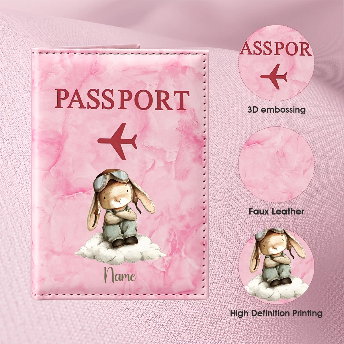 Personalized Name Custom Cute Rabbit Pilot Illustration Design PU Passport Holder, Featuring a Cartoon Rabbit Wearing a Flight
