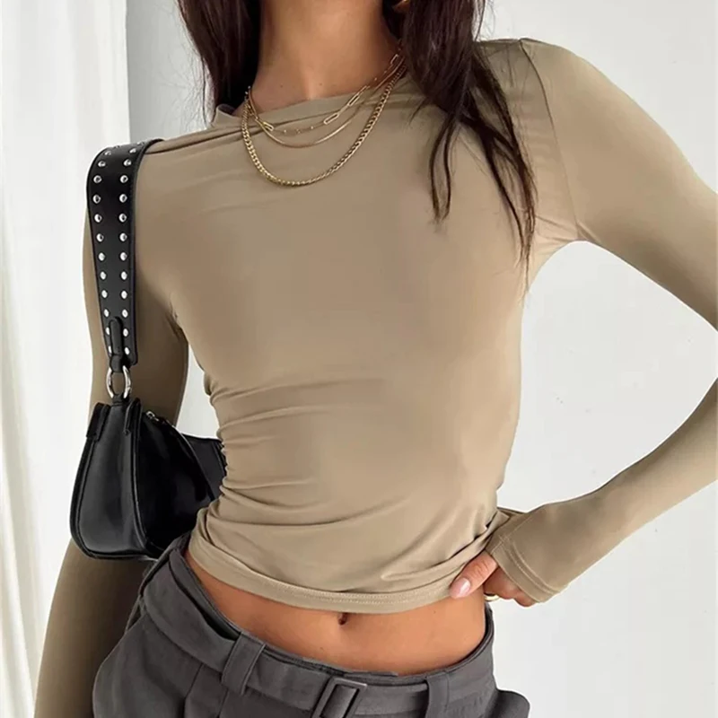 Solid Slim Fit Casual Women Long Sleeve T Shirt Spring Autumn Y2k Streetwear Crop Pullover Top Female O Neck Pullovers Basic Tee