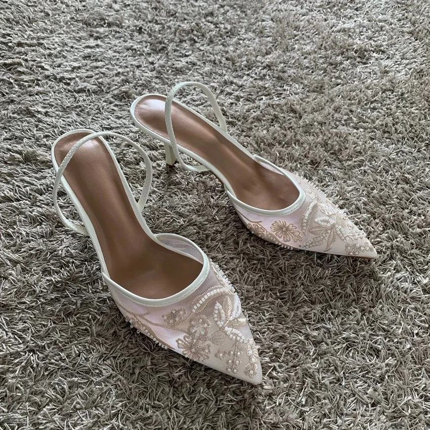 Mesh Geborduurde Dunne Hoge Hakken Sandalen Vrouwen 2023 Zomer Sexy Slingback Puntschoen Pompen Jurk Schoenen Vrouw Sandalias De Mujer - afbeelding 2