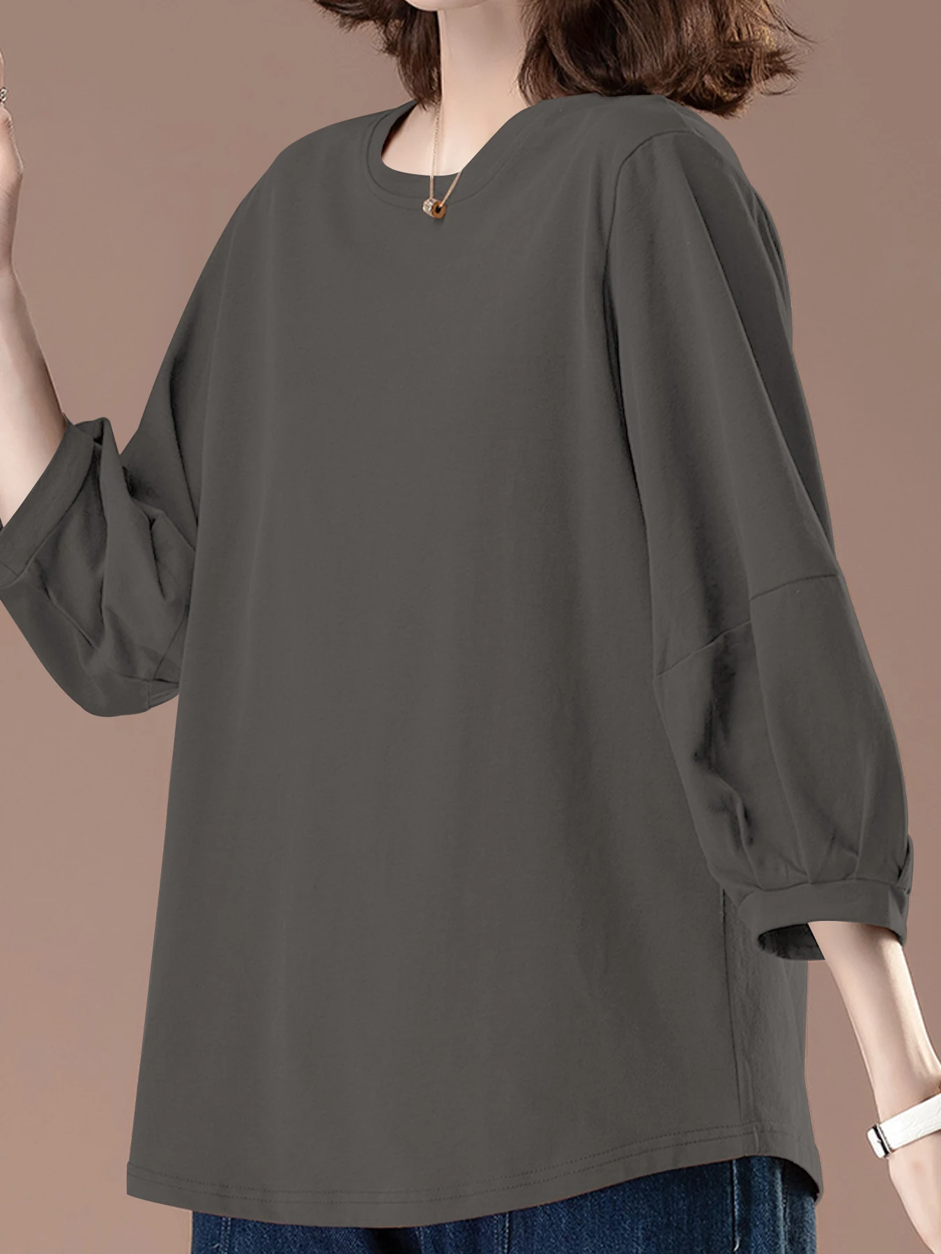 Damen-Tops mit 3/4-Ärmeln, Rundhalsausschnitt, lässig, trendig, lockere T-Shirts – Detail 5