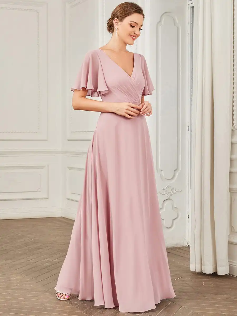 Simple Chiffon Tie-Back Keyhole Short Sleeve A-line Bridesmaid Dress V Neck Pleated Prom Dresses Floor Length Evening Dresses