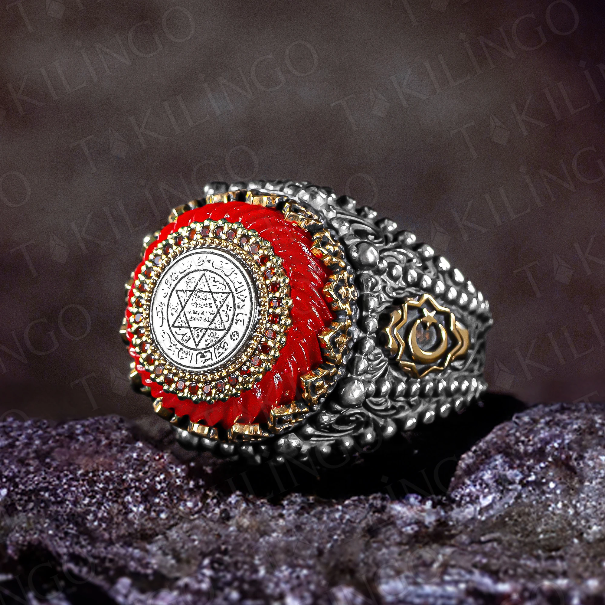 Solid 925 Sterling Silver Red Amber Seal of Solomon Talisman Special Design Islamic Turkish Handmade Amulet Men Ring