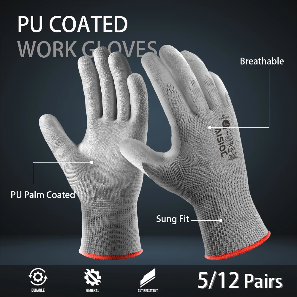 5/12 Pairs Grey PU Coated Seamless Gloves, Non-slip Durable Hand Work Gloves for Men, for Construction Warehouse & Automotive