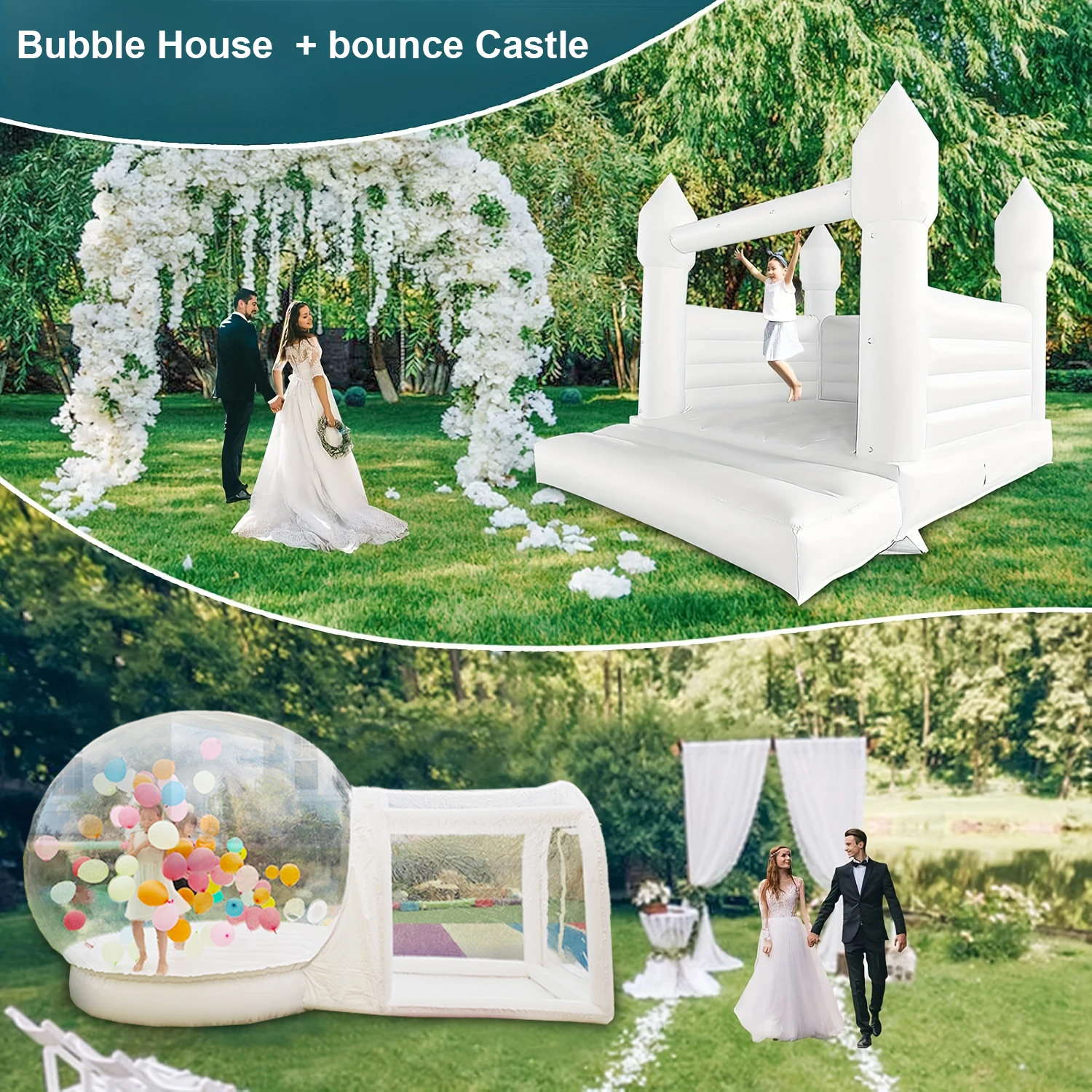 สต็อก 13ft ปราสาทตีกลับพอง White Bounce House & 10ft กระโดด Trampoline Bounce Bubble House พร้อมเครื่องเป่าลมสําหรับงานปาร์ตี้