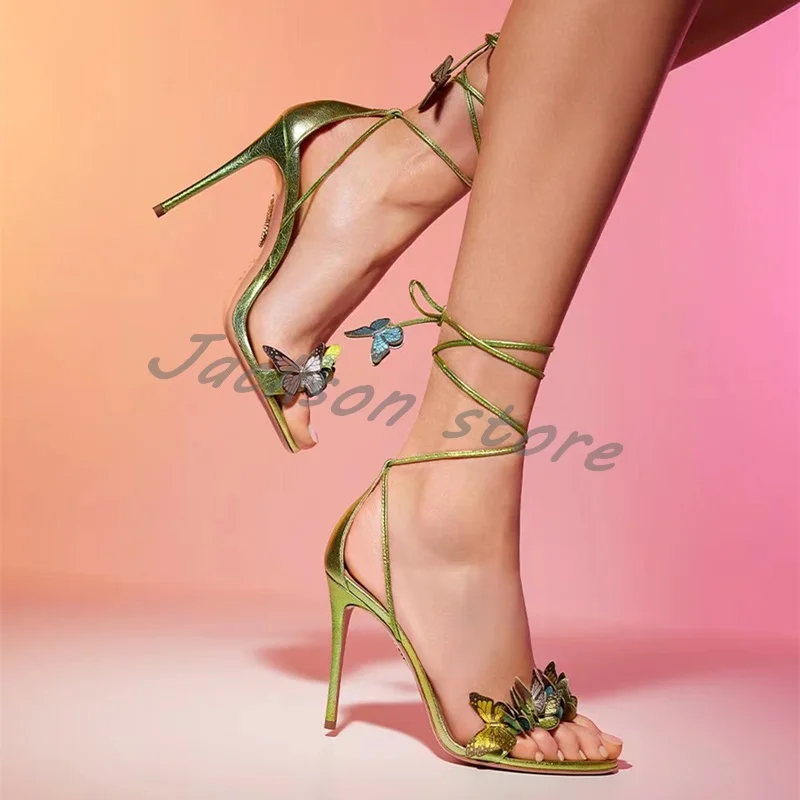 

Butterfly Strap High Heels Women's Stiletto Open Toe Summer Cross-Tied New Dress Shoes Appliqués Flower Sandals Wedding Shoes