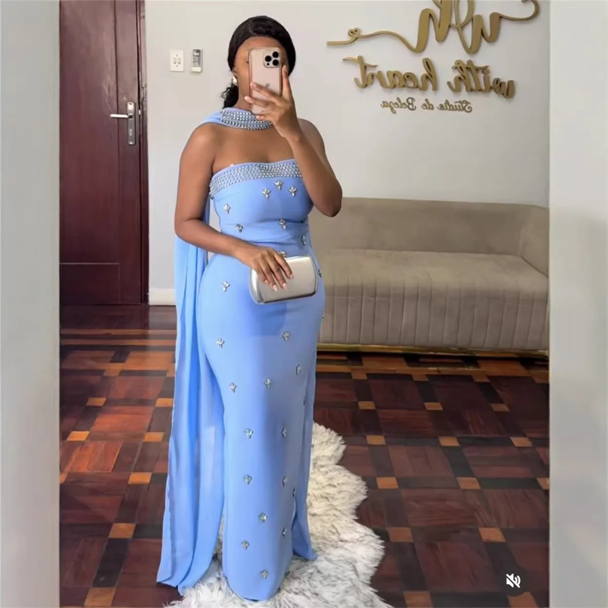 

Summer 2025 Women's Sexy Blue One-Shoulder Sleeveless Beaded Slim Fit Long Bandage Dress Elegant Backless Evening Party Dress