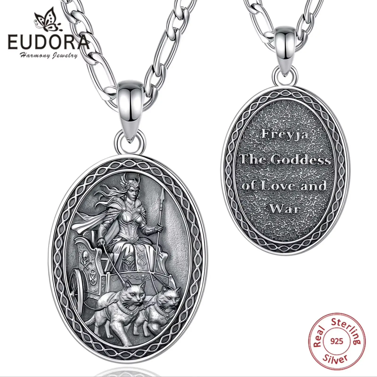 Eudora 925 Sterling Silver Freyja Goddess Necklace Norse Goddess of Love and War Cat Chariot Pendant Viking Jewelry for Women