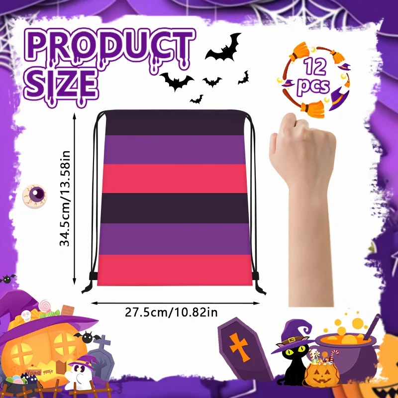 12Pcs Halloween Stripe Drawstring Backpack, Camping Bags Outdoor Bags, Lightweight Sack Bag for Sports Travel Party Storage Gift