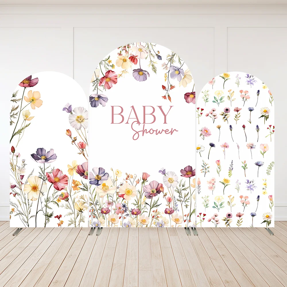 

Wildflower Baby Shower Party Arch Backdrop Cover Custom Newborn First Birthday Arched Wall Panels Photo Background Elastic