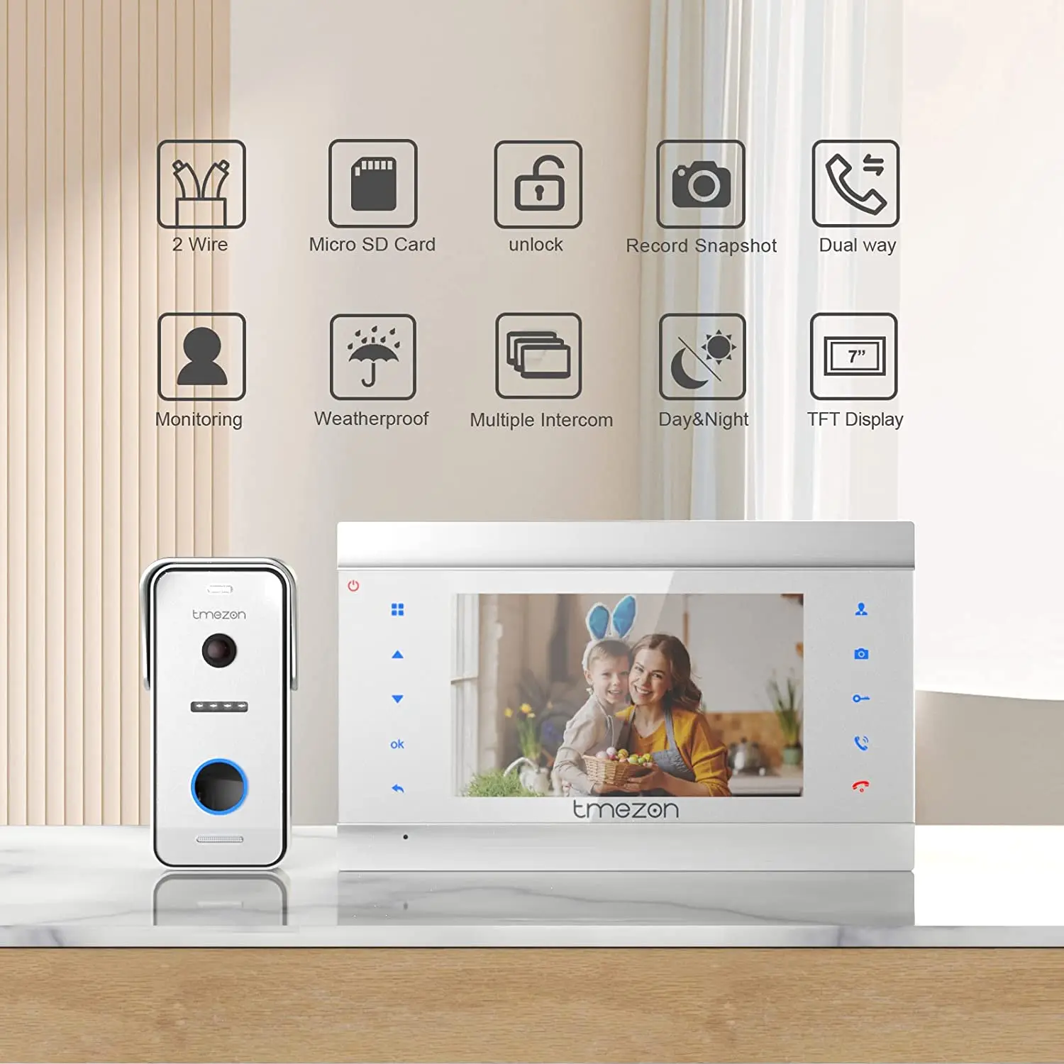 TMEZON 2 wire video door phone doorbell intercom system,7 inch monitor with wired bell, touch button,snapshot/record
