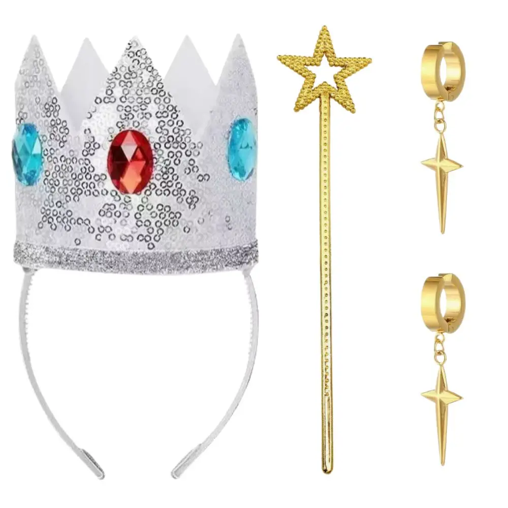 Prinzessin Rosalina Cosplay Krone Ohrclips Ohrringe Zauberstab für Frauen Rollenspiel Fantasie-Requisite Halloween Karneval Kostümzubehör