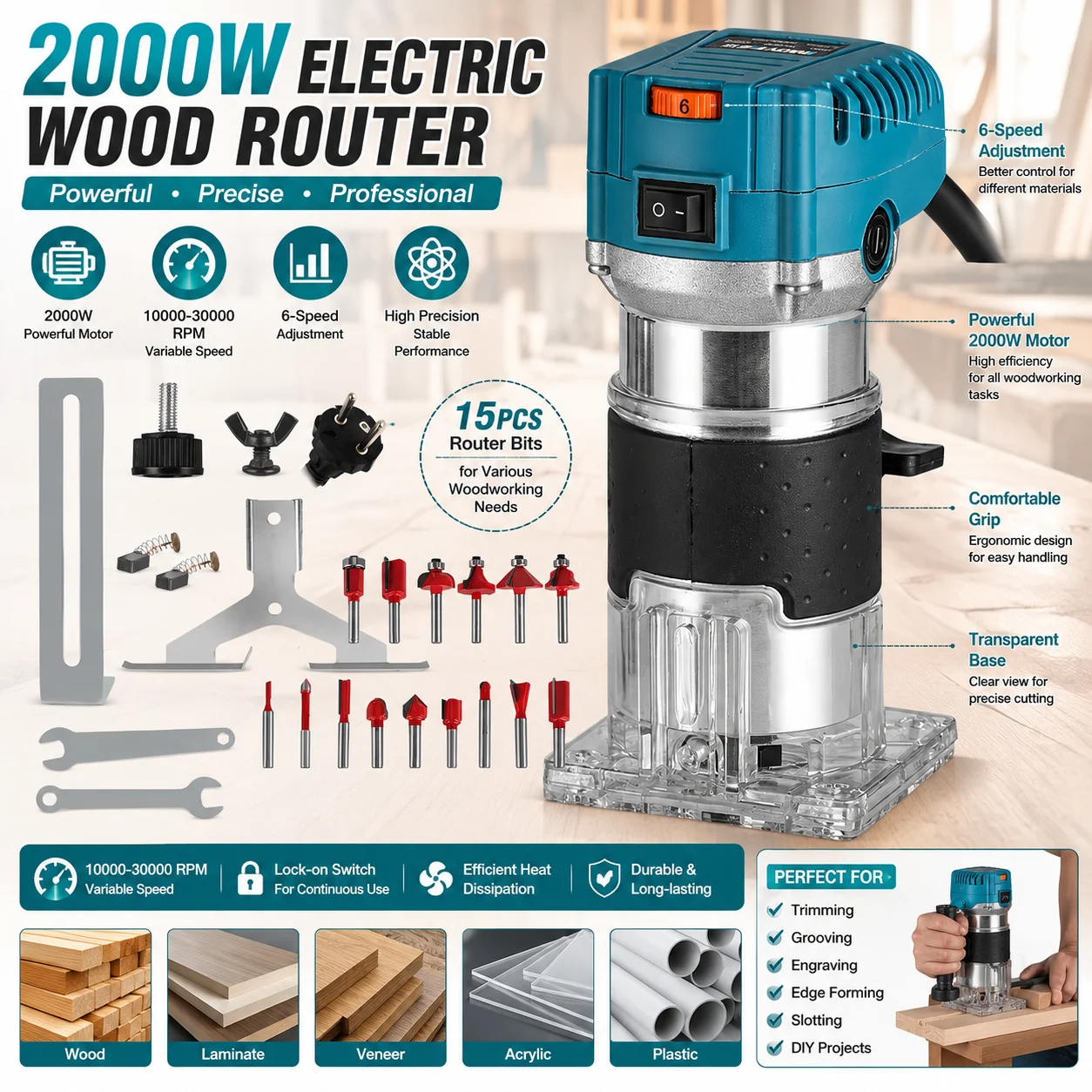 2000W Elektrische Holzfräse 30000 U/min Holztrimmer Fräsmaschine mit variabler Geschwindigkeit 6-stufig einstellbar Holzfräsen Gravur Nutfräsen Werkzeug Handfräse für Holzbearbeitung Laminat Furnier