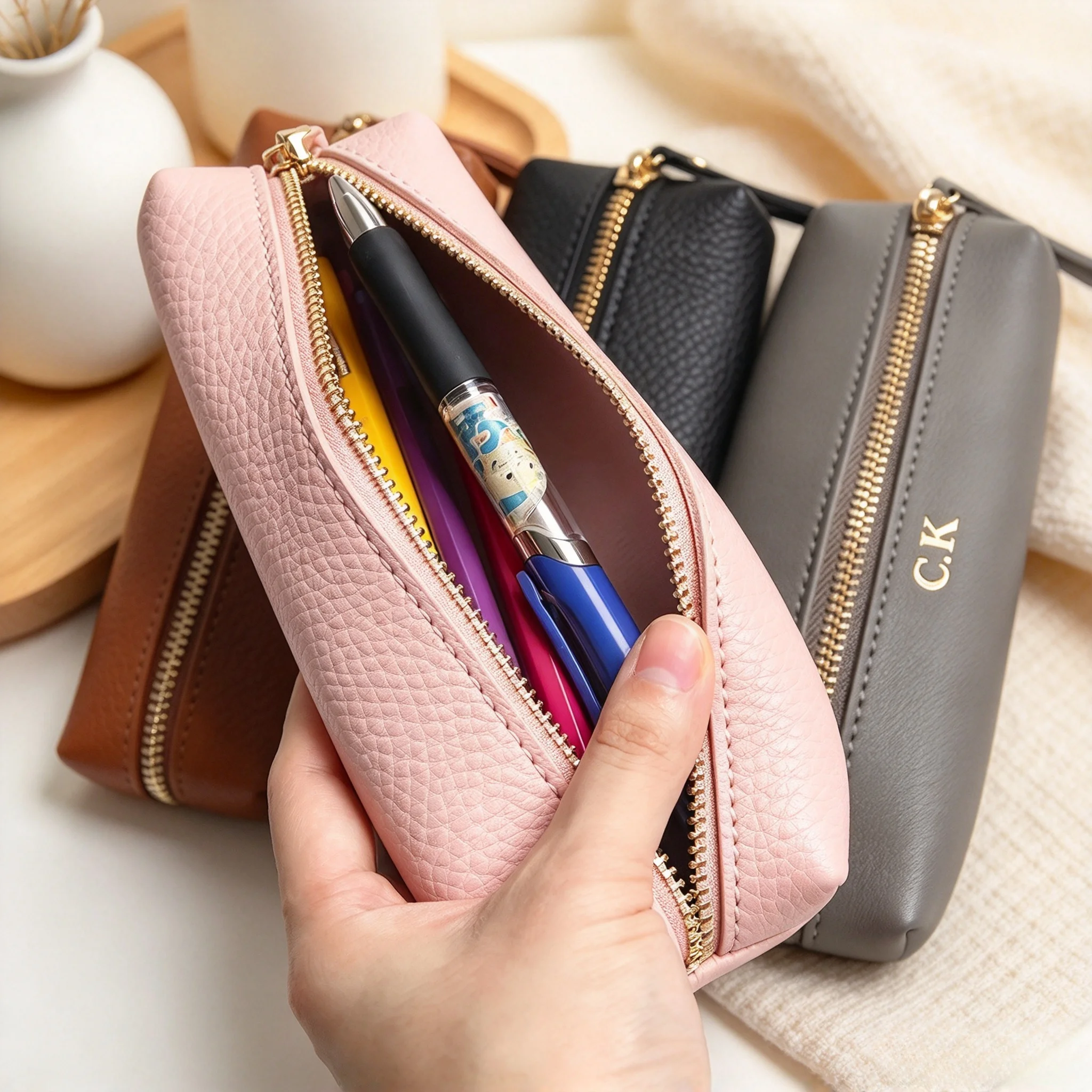 Custom Name Leather Pencil Case Business School Student Zipper Pen Bag Bulk Cosmetic Bag Storage Bag Personalized Mini Present