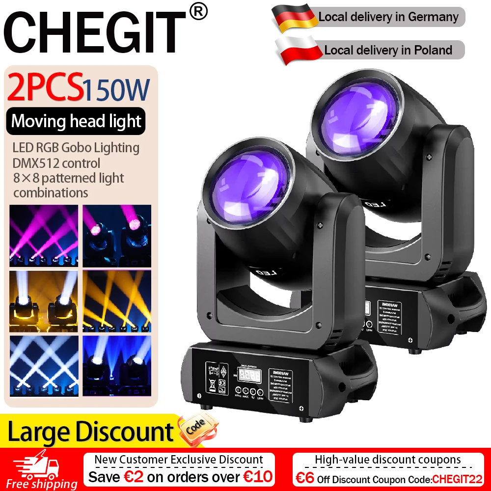 CHEGIT - Juego de 2 Luces Móviles RGB de 150 W con 8 Patrones Gráficos y 8 Efectos de Iluminación, Funcionamiento Automático, Activación por Sonido, Control DMX512, Sin Control Remoto, Lámpara de Efectos Profesionales para DJ, Discoteca, Club, Bar, Boda, KTV, Fiestas en Interiores, Entretenimiento en el Hogar, Decoración de Eventos