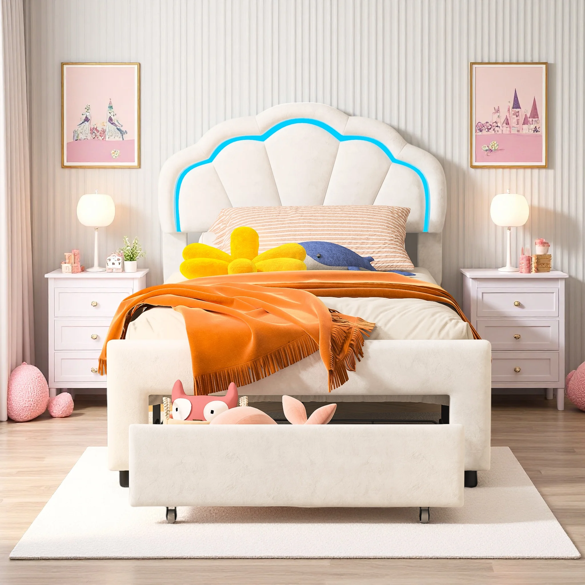 Anajqaqia, 90×200 cm Polsterkopfteil im Blütenblatt-Stil, Einzelbett, Kinderbett, Trendiger Bettrahmen für Mädchenzimmer, Bettrahmen für kleine Schlafzimmer, Kinderbett, Jugendbett, Schlafsaalbett,